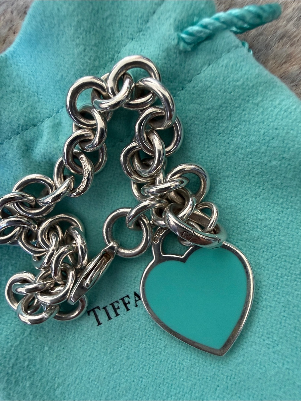 Tiffany & Co. Silver Chain Bracelet with Tiffany Blue Heart Charm